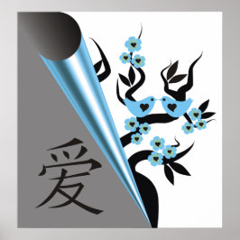 Liebesvögel auf Sakura-Baum und das Symbol der chi Poster