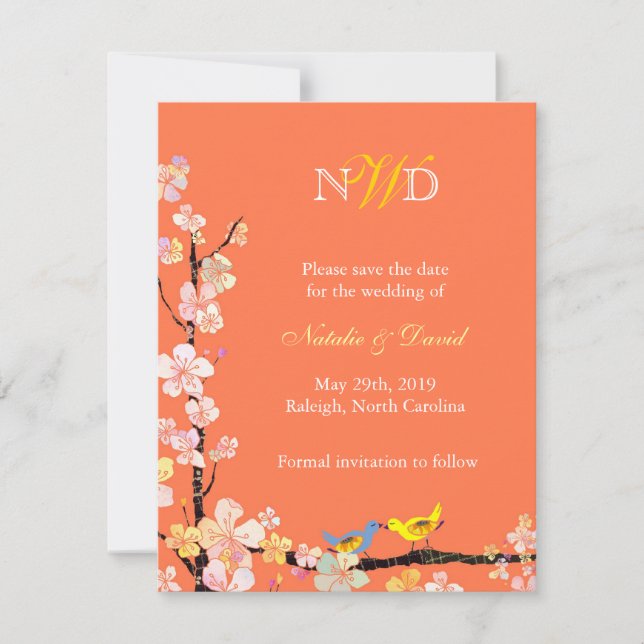 Liebesvögel BlumenWedding retten das Datum Save The Date (Vorderseite)