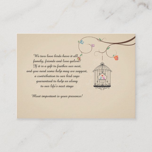 Liebesvögel, die Vogelkäfig-Karten wünschen (Unter Hinweiskarte (Vorderseite)