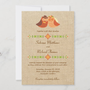 Liebesvogel-Eulen auf Jute-Hochzeit Einladung