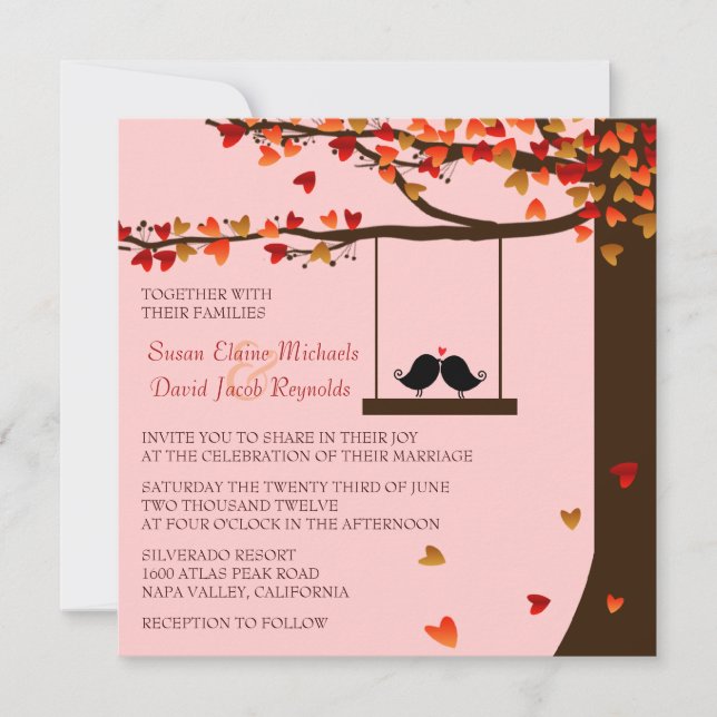 Liebesvögel Fallende Herzen Eichenbaum Hochzeitsem Einladung (Vorderseite)