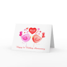 Liebesvögel Herz rosa 1. Geburtstagskarte