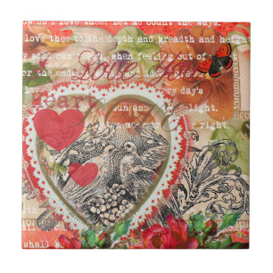 Liebesvögel Herz Rot Art Collage Fliese