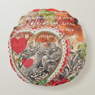 Liebesvögel Herz Rot Art Collage Rundes Kissen