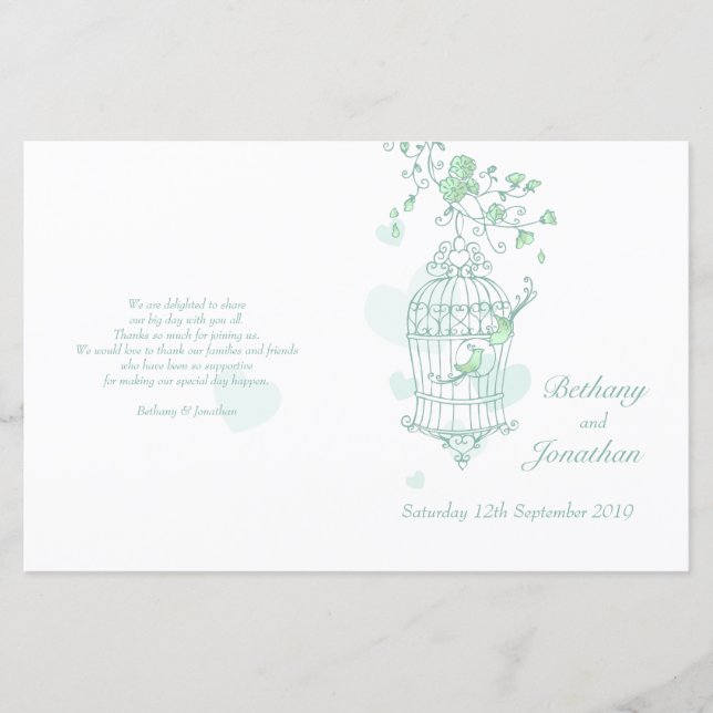 Liebesvögel minzen grünes Hochzeitsprogramm (Vorderseite)