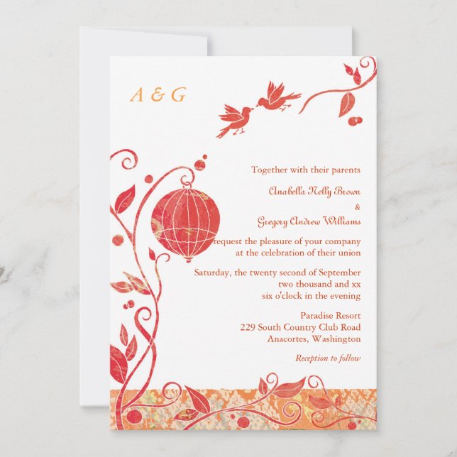 Liebesvögel Mit Monogramm Hochzeit Einladung (Vorderseite)