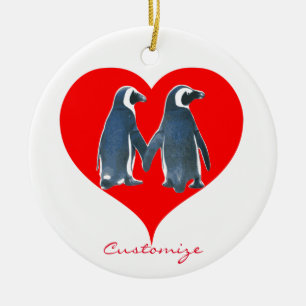 Liebesvögel Penguin Paare Rotes Herz Thunder_Cove Keramik Ornament