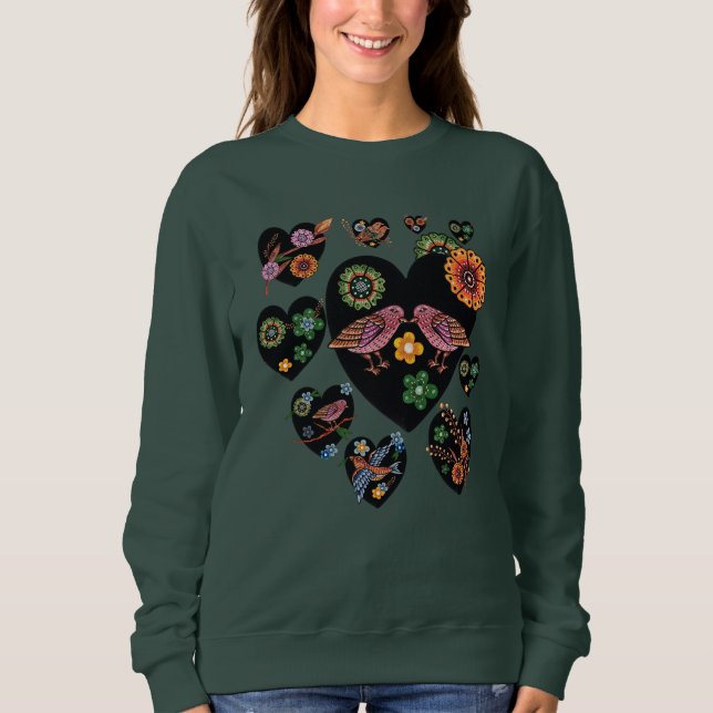 Liebesvögel Skandinavische Volkskunst Kunst Sweatshirt (Vorderseite)