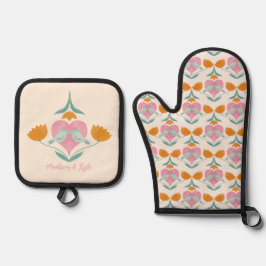 Liebesvögel und Blume Ofenhandschuh & Topflappen-Set