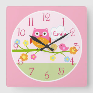 Liebesvögel und Eule auf der Baby-Uhr des Zweigkid Quadratische Wanduhr