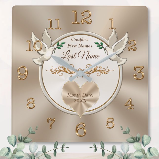 Liebesvögel und Personalisierte Hochzeitsuhr Quadratische Wanduhr (Personalised bridal shower gift. Wedding clock gift. Taupe wall clock. Bridal shower gifts for bride)