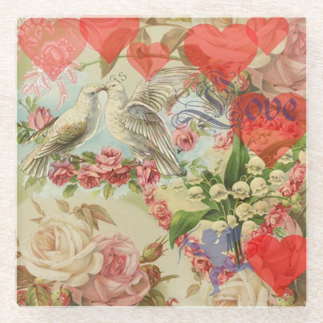 Liebesvögel Vintag antikes Herz Glasuntersetzer (Vorderseite)