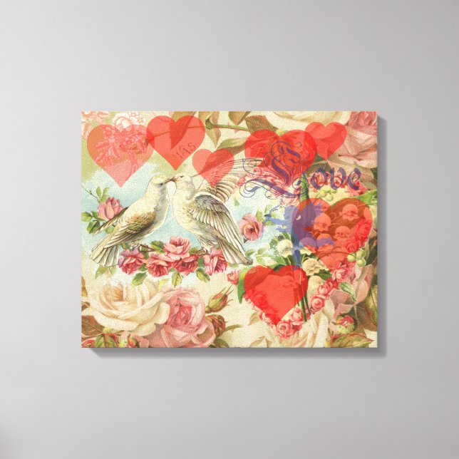 Liebesvögel Vintag antikes Herz Leinwanddruck (Vorderseite)