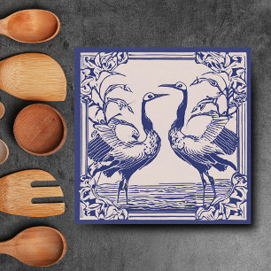 Liebesvögel zwei Kraniche Blau Art Deco Jugendstil Fliese