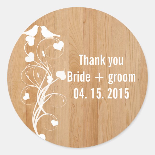Liebesvogelherzen Wirbel Braun-Holz Hochzeit einla Runder Aufkleber (Vorderseite)