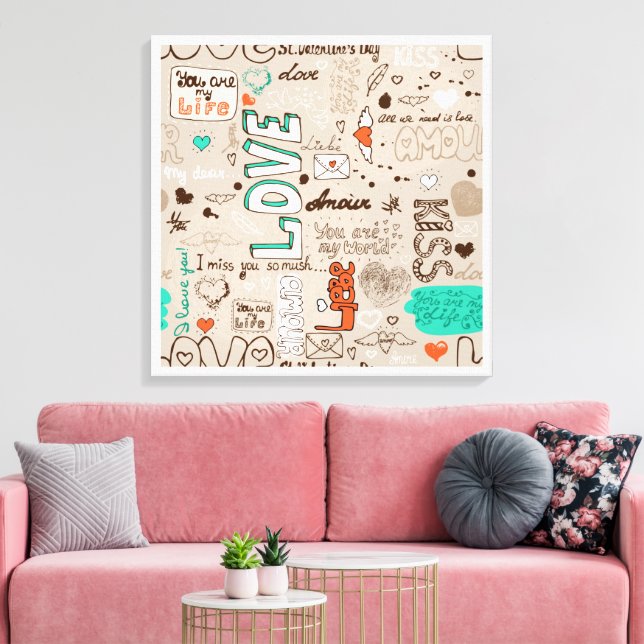 Liebeszitate-Doodle-Muster Leinwanddruck (Insitu (Wohnzimmer))