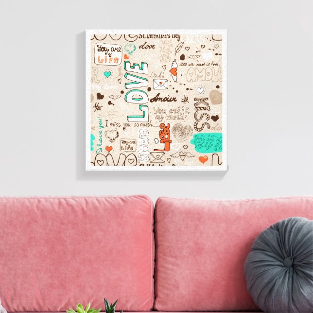 Liebeszitate-Doodle-Muster Leinwanddruck (Insitu (Wohnzimmer))