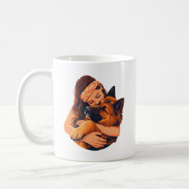 Liebevolle Frau umarmt deutschen Schäferhund Kaffeetasse