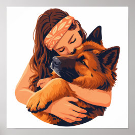 Liebevolle Frau umarmt deutschen Schäferhund Poster