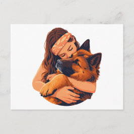 Liebevolle Frau umarmt deutschen Schäferhund Postkarte