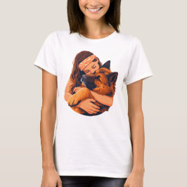 Liebevolle Frau umarmt deutschen Schäferhund T-Shirt