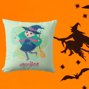 Liebevolle Halloween-Hexe mit Besen und Sternen Kissen