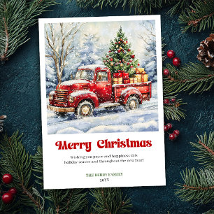 Liebevolle rustikale rote LKW-Weihnachtsszene Kart Feiertagskarte