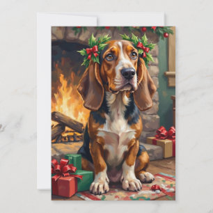 Liebevoller Basset Hound Hund mit Weihnachtskranz Feiertagskarte