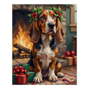 Liebevoller Basset Hound Hund mit Weihnachtskranz Poster