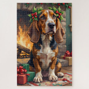 Liebevoller Basset Hound Hund mit Weihnachtskranz Puzzle