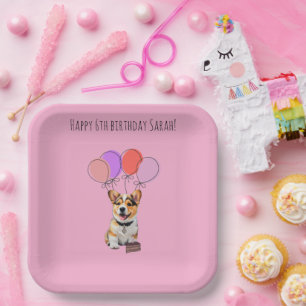 Liebevoller Rosa Corgi Geburtstag Anpassbar Pappteller
