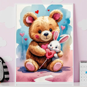 Liebevoller Teddybär umarmt Häschen mit Herzen Poster