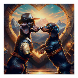 Liebevolles Dachshund-Paar am Portal der Liebe Poster