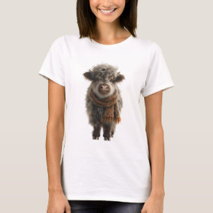 Liebevolles flauschiges Highland-Kalb in gestrickt T-Shirt