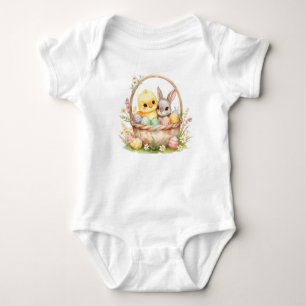Liebevolles Osterküken-Häschen-Watercolor-Pastell- Baby Strampler