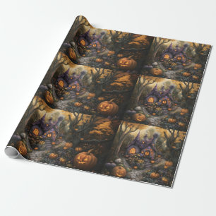 Liebevolles Spukhaus und Halloween-Kürbisfeld Geschenkpapier