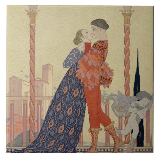 Liebhaber auf einem Balkon (w/c auf Papier) Fliese (Vorderseite)