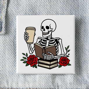 Liebhabers lustige Bücher und Kaffe Skelett Button