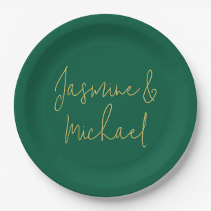 Lieblich Chic Calligraphy Couple Names Green & Gol Pappteller
