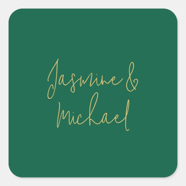 Lieblich Chic Calligraphy Couple Names Green & Gol Quadratischer Aufkleber (Vorderseite)