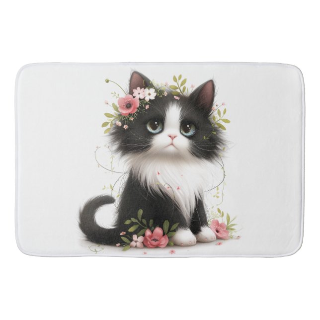 Lieblich Tuxedo Kitten mit Blume Badematte (Vorderseite)