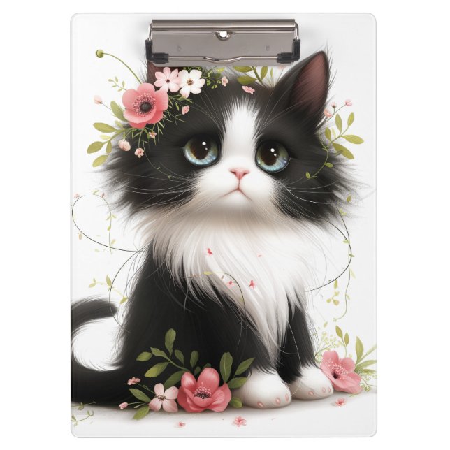 Lieblich Tuxedo Kitten mit Blume Klemmbrett (Vorderseite)