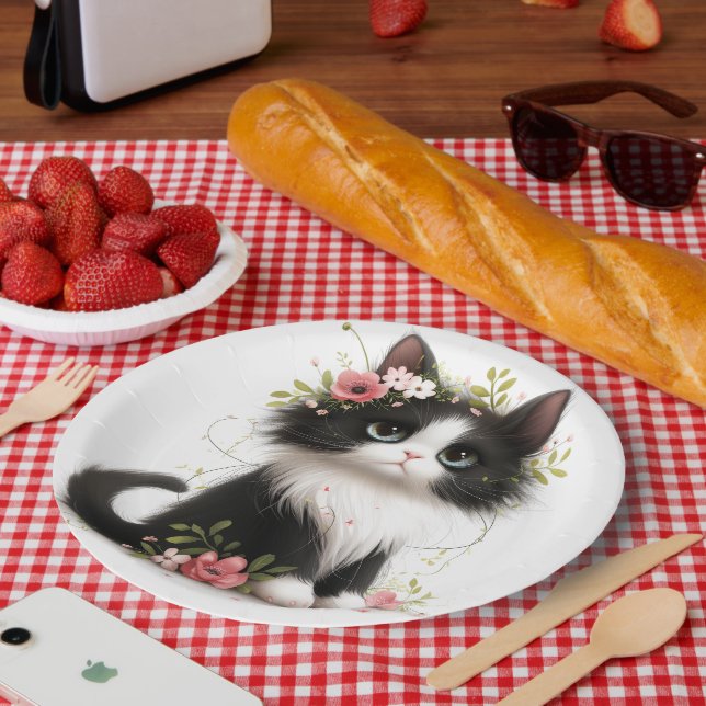 Lieblich Tuxedo Kitten mit Blume Pappteller (Picknick)