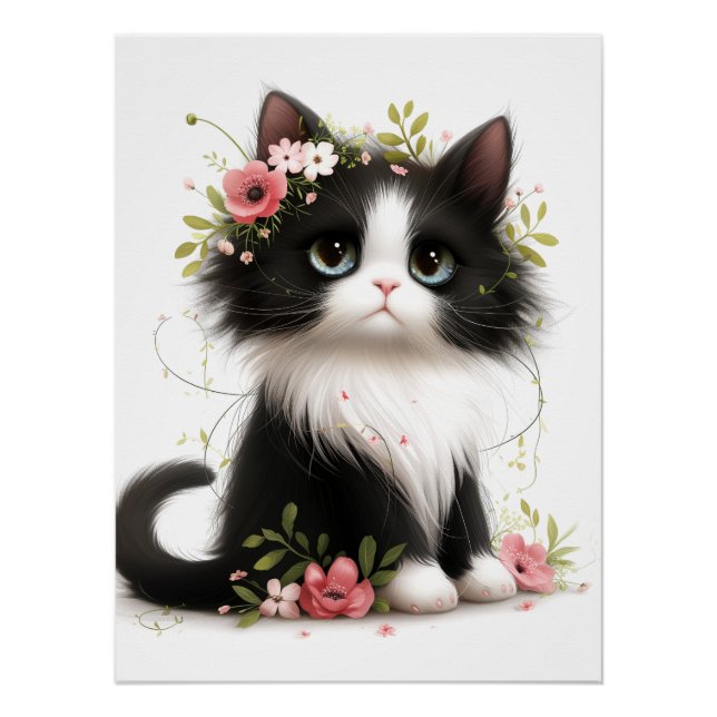 Lieblich Tuxedo Kitten mit Blume Poster (Vorderseite)