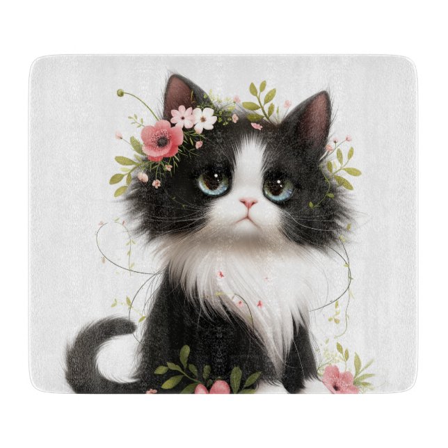 Lieblich Tuxedo Kitten mit Blume Schneidebrett (Vorderseite)