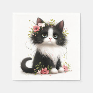 Lieblich Tuxedo Kitten mit Blume Serviette