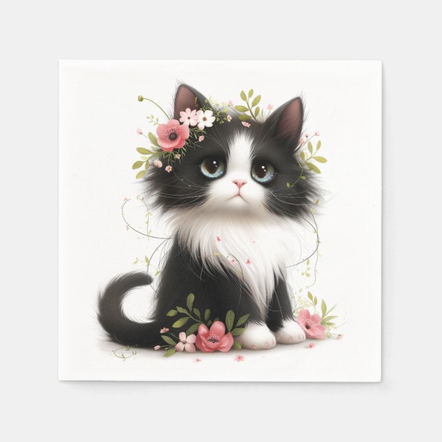 Lieblich Tuxedo Kitten mit Blume Serviette (Vorderseite)