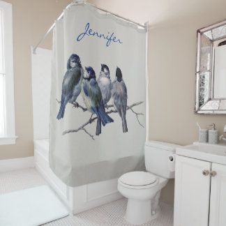 Liebliche Blaue und Graue Vögel auf einem Zweig Vi Duschvorhang