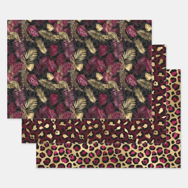 Liebliche Burgunder und Gold Leopard Print Geschenkpapier Set (Set)