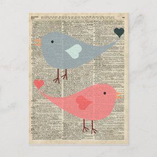 Liebliche Cartoon Vögel auf der Vintagen Buchseite Postkarte